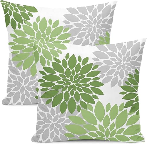 AEIOAE Juego de 2 fundas de almohada color verde salvia de 18 x 18 pulgadas almohadas de flores de dalia de primavera para sofá funda de cojín