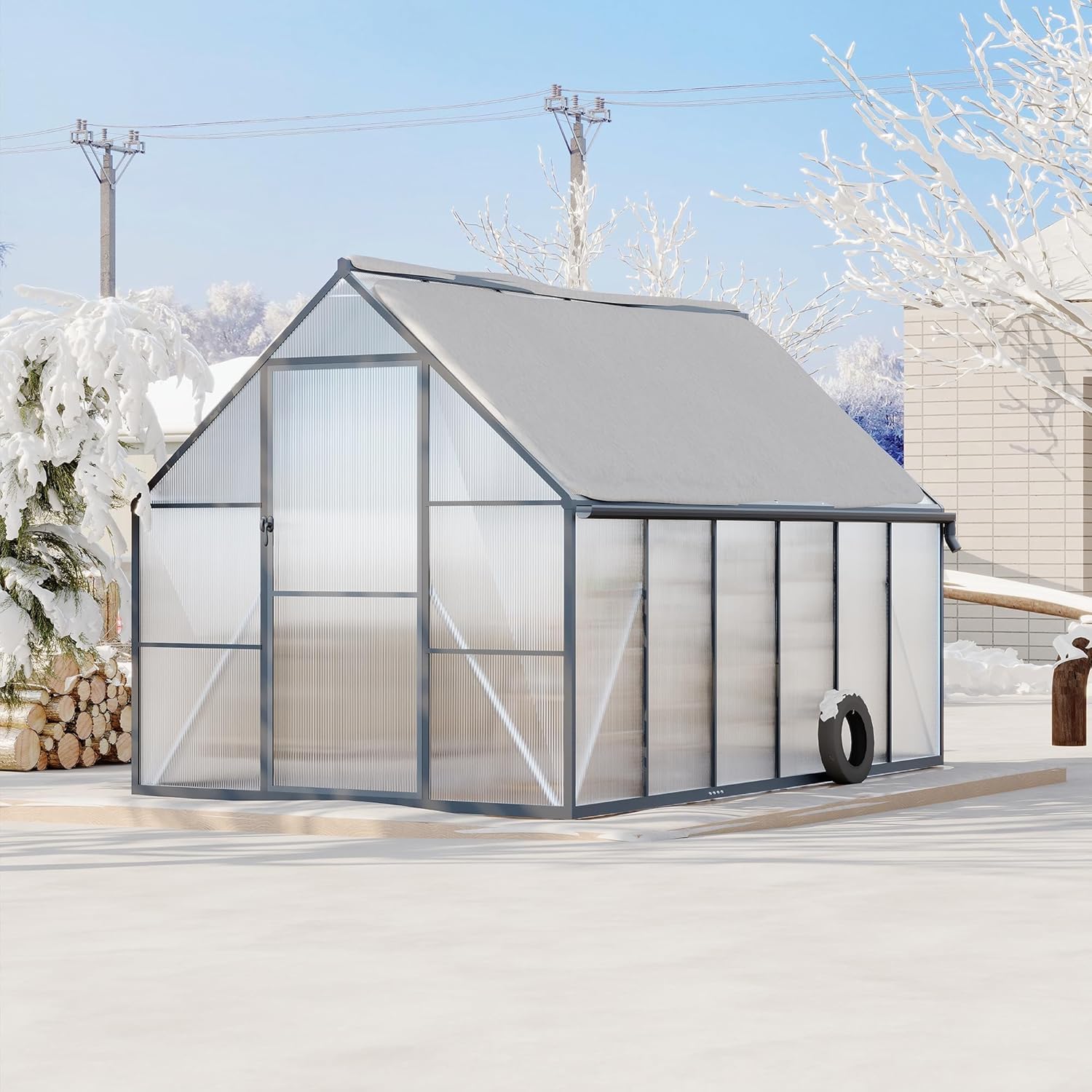 Greenhouse 8x10 FT Aluminum-Framed Heavy Duty Polycarbonate with Quick Setup Structure and Roof Vent, Large Enhanced Outdoors Green House Kit