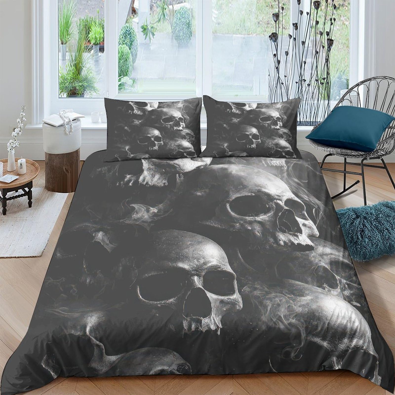 Ctjqhvkz Style-1 3D Printed Smoke Skull Fitted Sheet Microfiber Black Gothic Mattress Cover For Bedroom Dorm Bed Decor Easy Care Single（135X200cm）