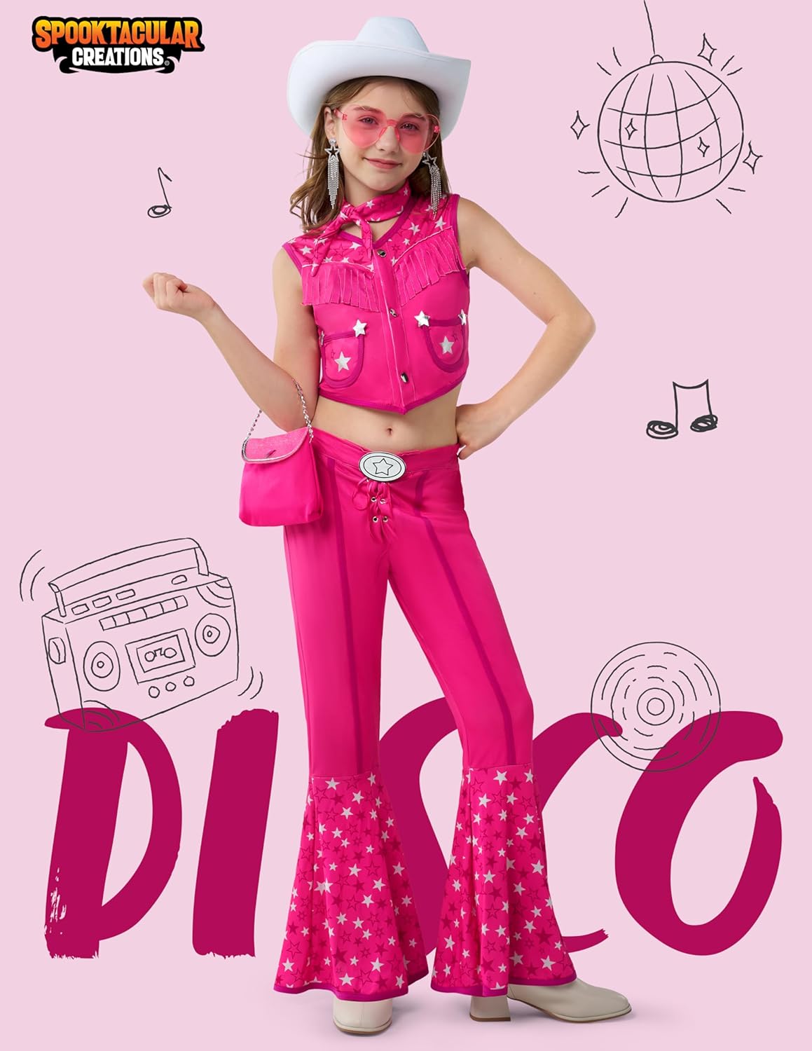 spooktacular creations halloween girls pink cowgirl costume, kids 70s 80s hippie disco outfits for dress up cosplay party large(9-10 yrs)
