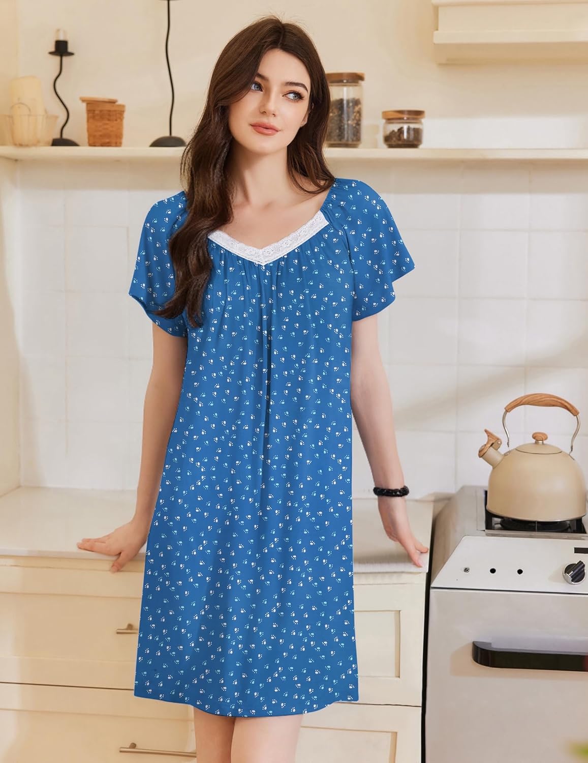 Ekouaer Womens Nightgown Lace Trim V Neck Sleep Shirt Flare Short Sleeve Night Gown Pleated Nightshirt Ladies Nightdress - Image 3