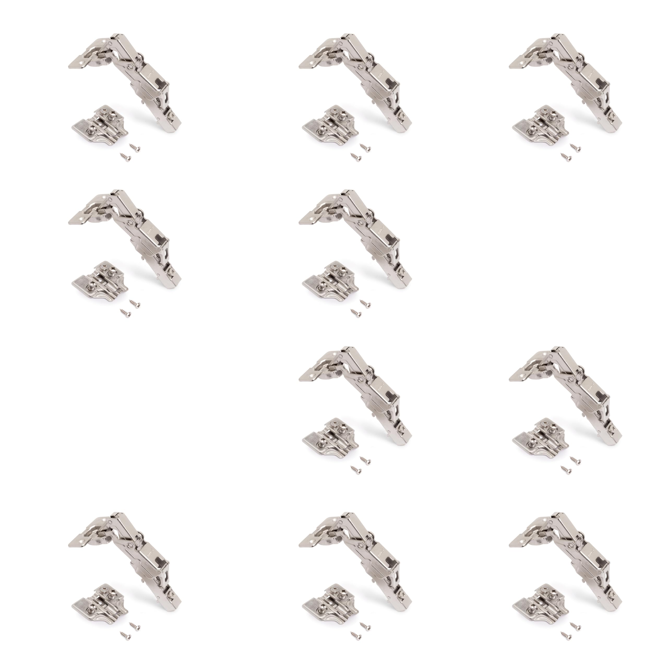 Emuca Satin Nickel (10 Un) - Full Overlay Hinges X91, Opening 165º With Soft Closing And Euro Screw-In Plates, Height 0, Steel, Nickel Plated, 10 Pcs