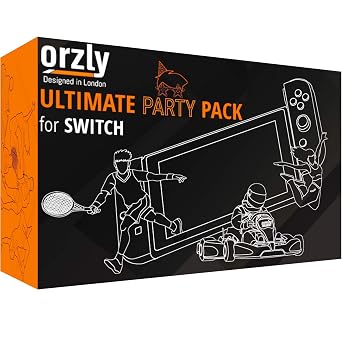 Orzly Sports Family Party Pack Accessories Bundle designed for Nintendo Switch and OLED Console Games with Tennis Badminton Rackets, Controller Grips, Wheels & Wrist Dance Bands - With Carry sack