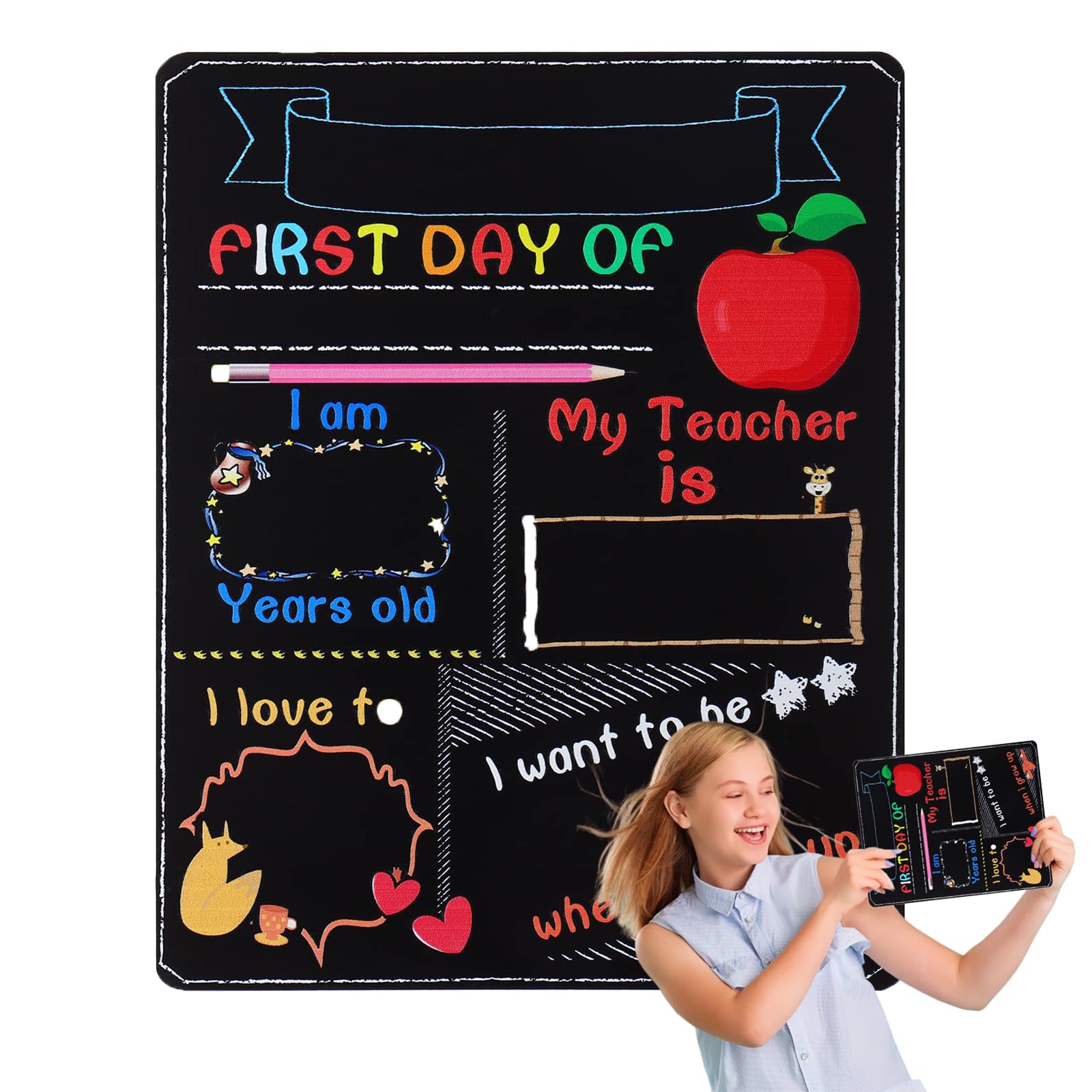First Day of School Board – Reusable Double-Sided First Day of School Chalkboard, Cute Wooden Sign for Photos, Perfect First Day at School Gifts for Kindergarten & Preschool