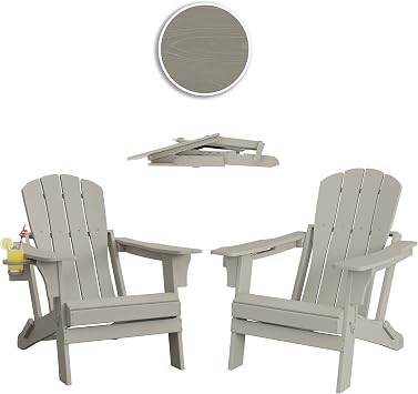 Folding Adirondack Chair with Cup Holder - All-Weather HDPE Outdoor Chair, Ultra-Portable Lawn Chair with Ergonomic Wide Seat Design, Outdoor Chair for Patio Fire Pit Beach Camping Sand, 2PCS