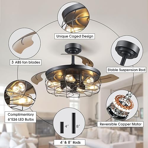 Miniatura 7 de Lvienews Ventiladores de techo retráctiles de 42 pulgadas con luces y control remoto, modernos ventiladores de techo sin aspas con luces LED,