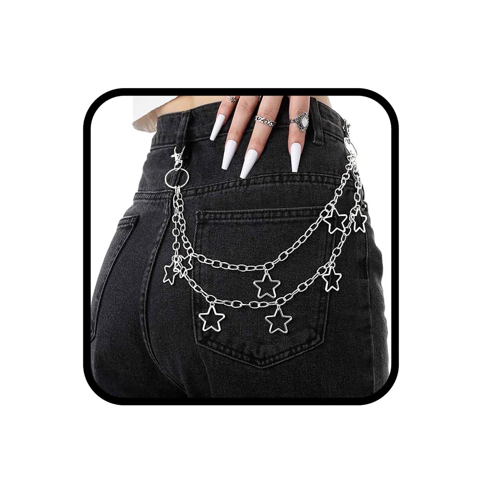 Star Belt, Punk Retro Star Pendant Jeans Chain, Y2K Goth Accessories for Women, Silver Metal Waist Chain with 40cm Length-image-45