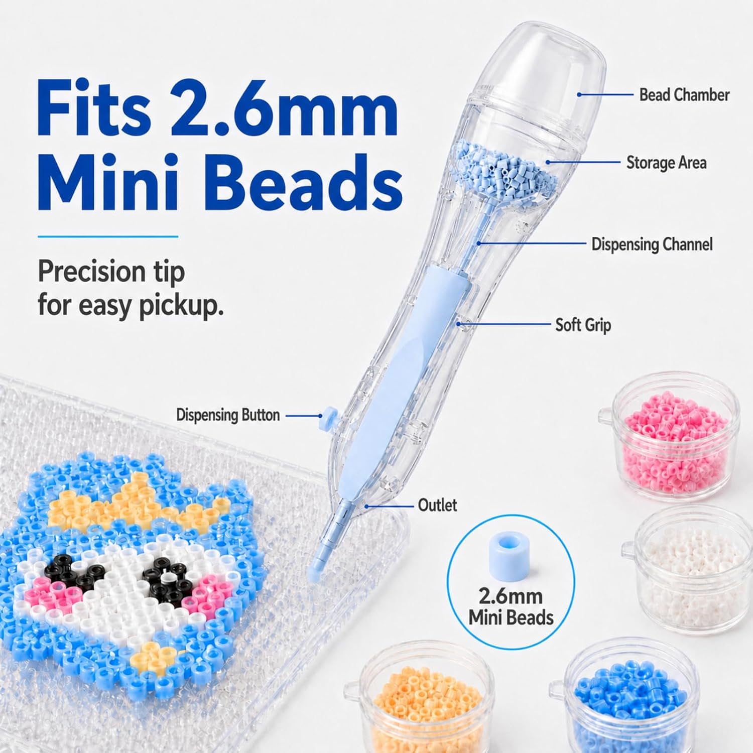 2.6mm Fuse Bead Pen with 4 Swappable Lidded Compartments for Mini Fuse Beads, Quick Color Switching, Precise and Easy Bead Placement Tool, Gift for Bead Art Lovers, Blue