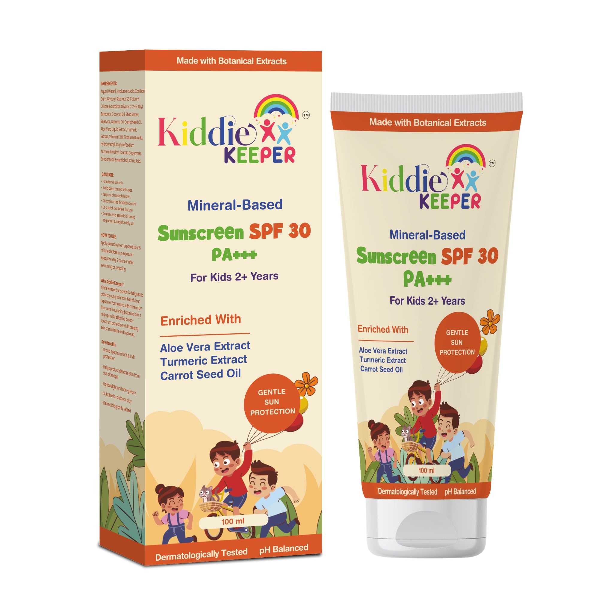Kiddie Keeper Kids Mineral Sunscreen SPF 30 PA+++ (2+ Years) – Gentle Face & Body Sun Protection with Aloe Vera & Turmeric | Zinc-Based, Non-Greasy & Dermatologically Tested | 100ml