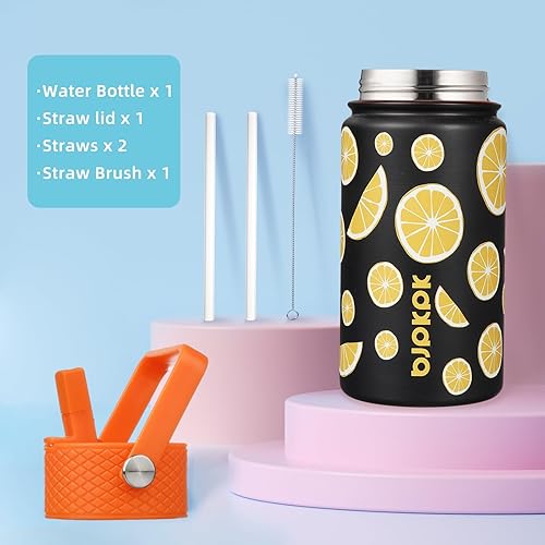 Miniatura 4 de BJPKPK Botella de agua aislada con tapa con pajilla, botellas de agua de metal de acero inoxidable de 15 onzas, termo reutilizable a prueba de
