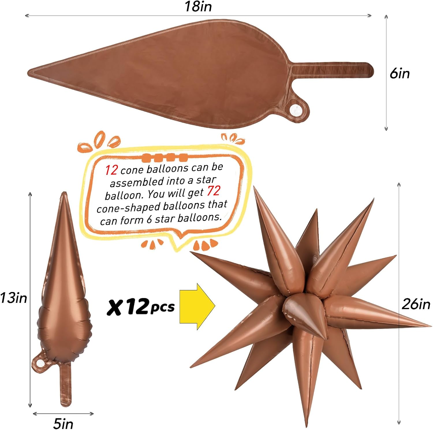 72 PCS Chocolate Color Star Balloons, Big 26 Inch Foil Balloons Explosion, Large 12 Point Cone Balloon for Wedding Anniversary Backdrop Birthday Party Decorations image 3