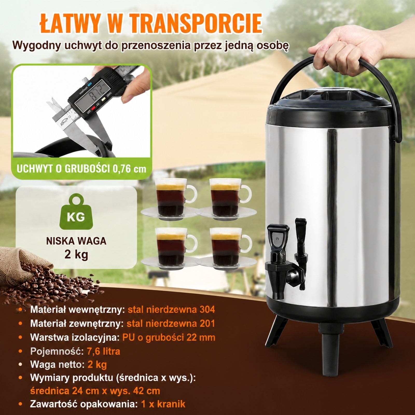 Izolowany dozownik napojów 7,6 L, dzbanek ze stali nierdzewnej z kranem i uchwytem do kawy wody soku kawiarni barów