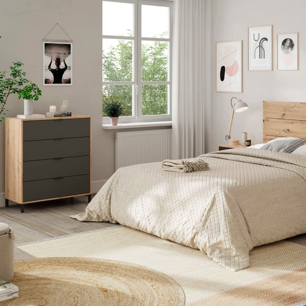 Mobelcenter, Conjunto Dormitorio Matrimonio Enzo, Color Roble Nodi y Gris Antracita, Cabezal para Camas de 135 y 150 cm, 2 Mesitas 3 cajones y Cómoda 4 cajones (1327, 1328)