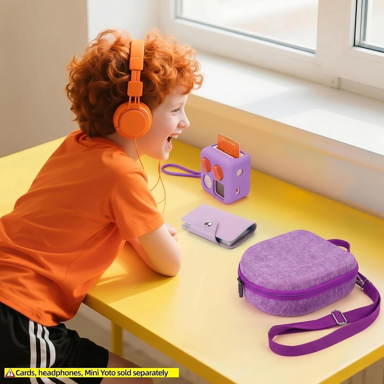 Hard Case Compatible with Yoto Mini (2024 Edition), 3-in-1 Travel Bundle: Silicone Cover + Case with Shoulder Strap (Fits Mini Player & Headphones) + Up to 10 Card Holder for YOTO Cards (Purple)