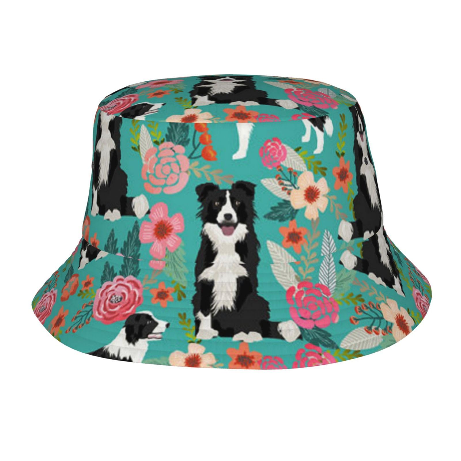 Jaywis Unisex Border Collie Florals Print Bucket Hat Adult, Bucket Hat Summer Travel Short Brim For Men Women Teens