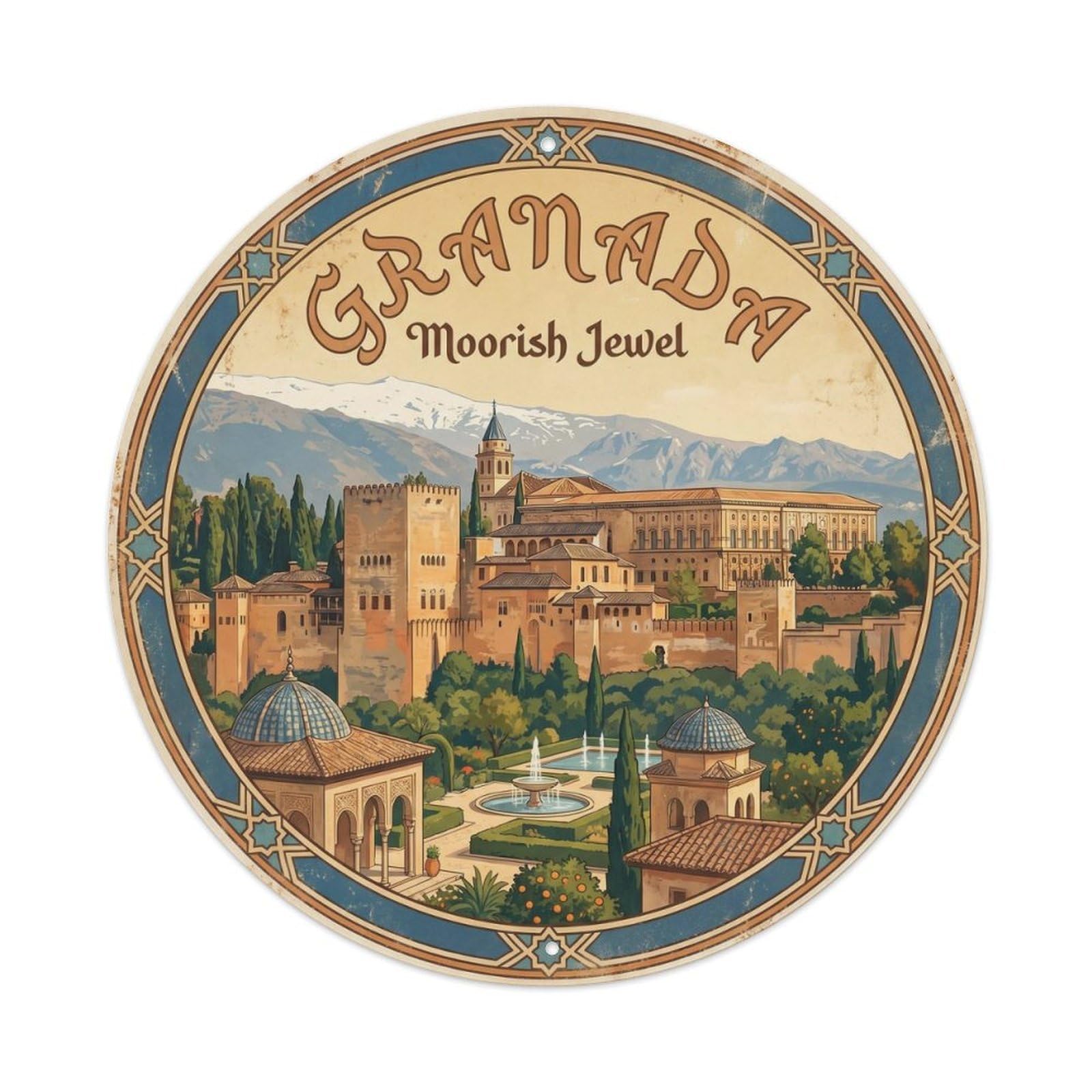 Vintage Travel Granada Alhambra Palace Metal Tin Sign Plaque Wall Decor for Cafe, Club Bar, Office, Home Garden Round Metal Poster 8x8Inch