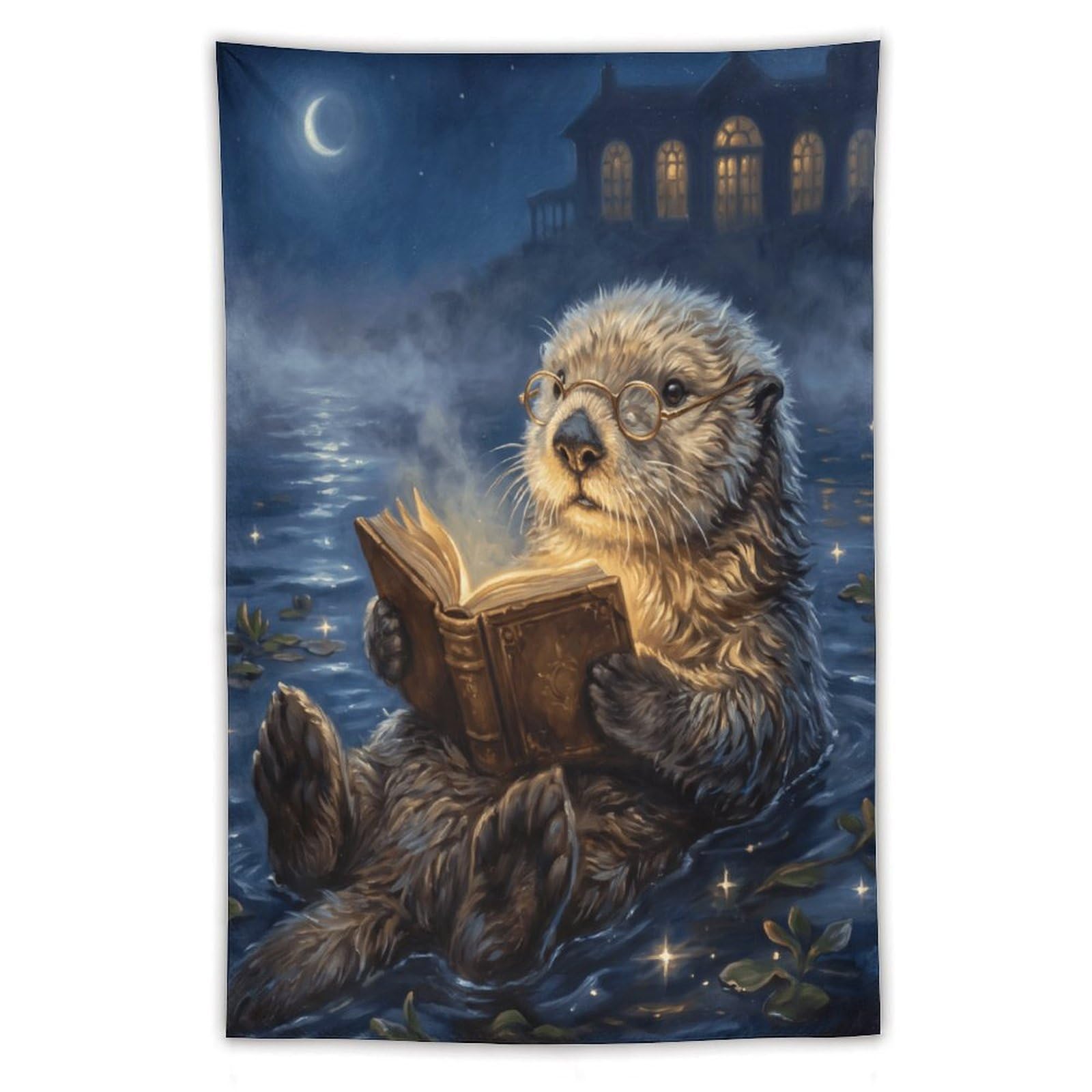 H3B8U2Y5 Moonlit Reading Otter Wall Tapestry, Realistic Illustration Style