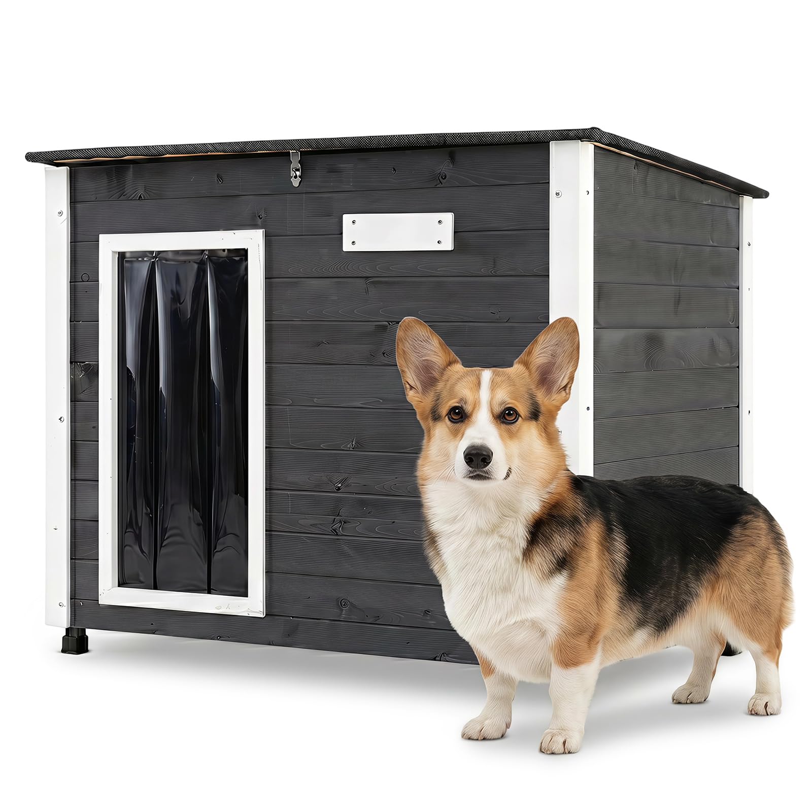 COSTWAY Caseta para Perros Exterior, Casa para Perros de Madera con Puerta, Techo Inclinado Abatible, Puerta de PVC, Patas Elevadas, 85,5 x 56,5 x 64,5 cm Mueble Perrera para Mascotas, Gris