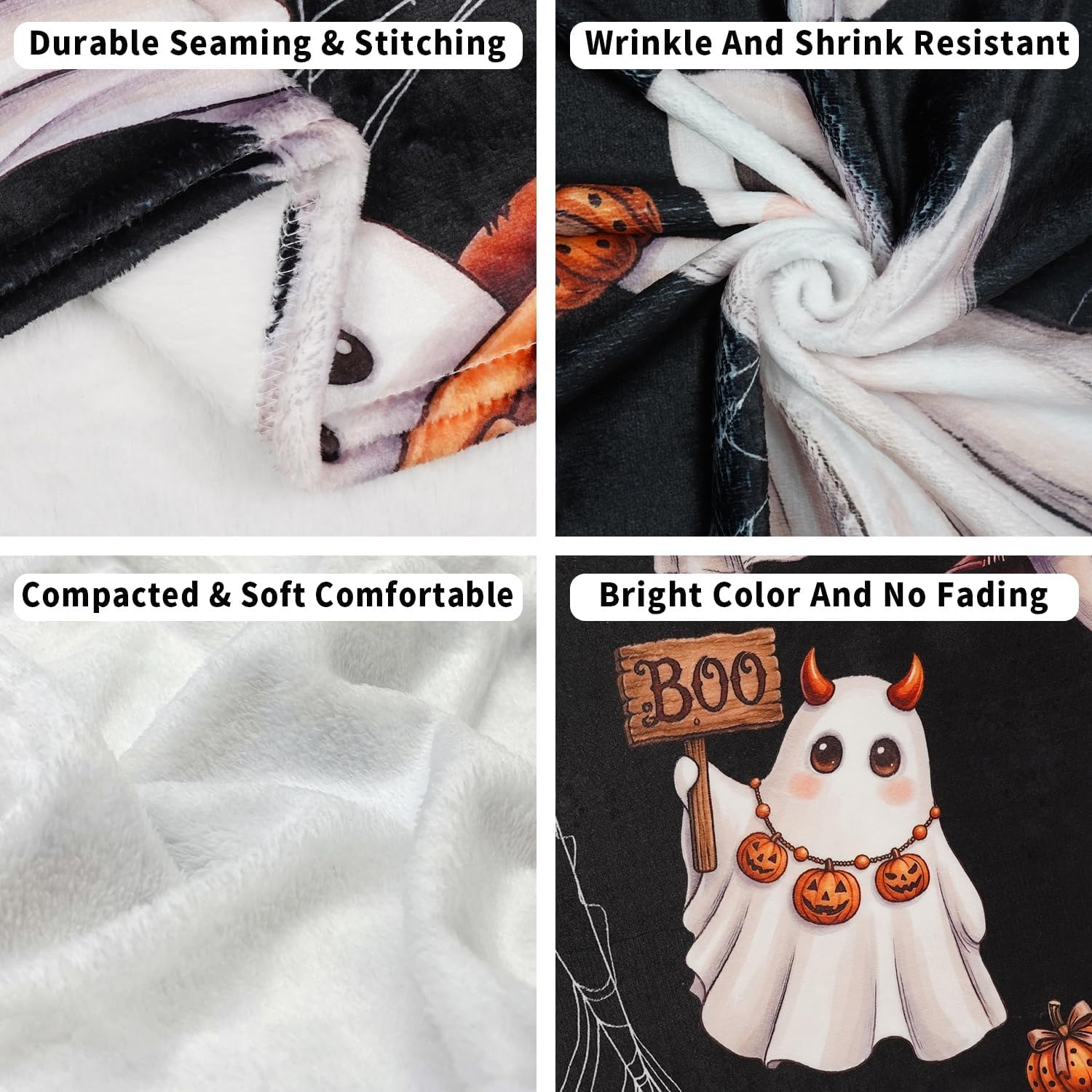 Halloween Ghost Throw Blanket for Couch Sofa Bed, Soft Flannel Cute Halloween Ghost Blankets and Throws Gifts for Kids, Black, 50"x60"