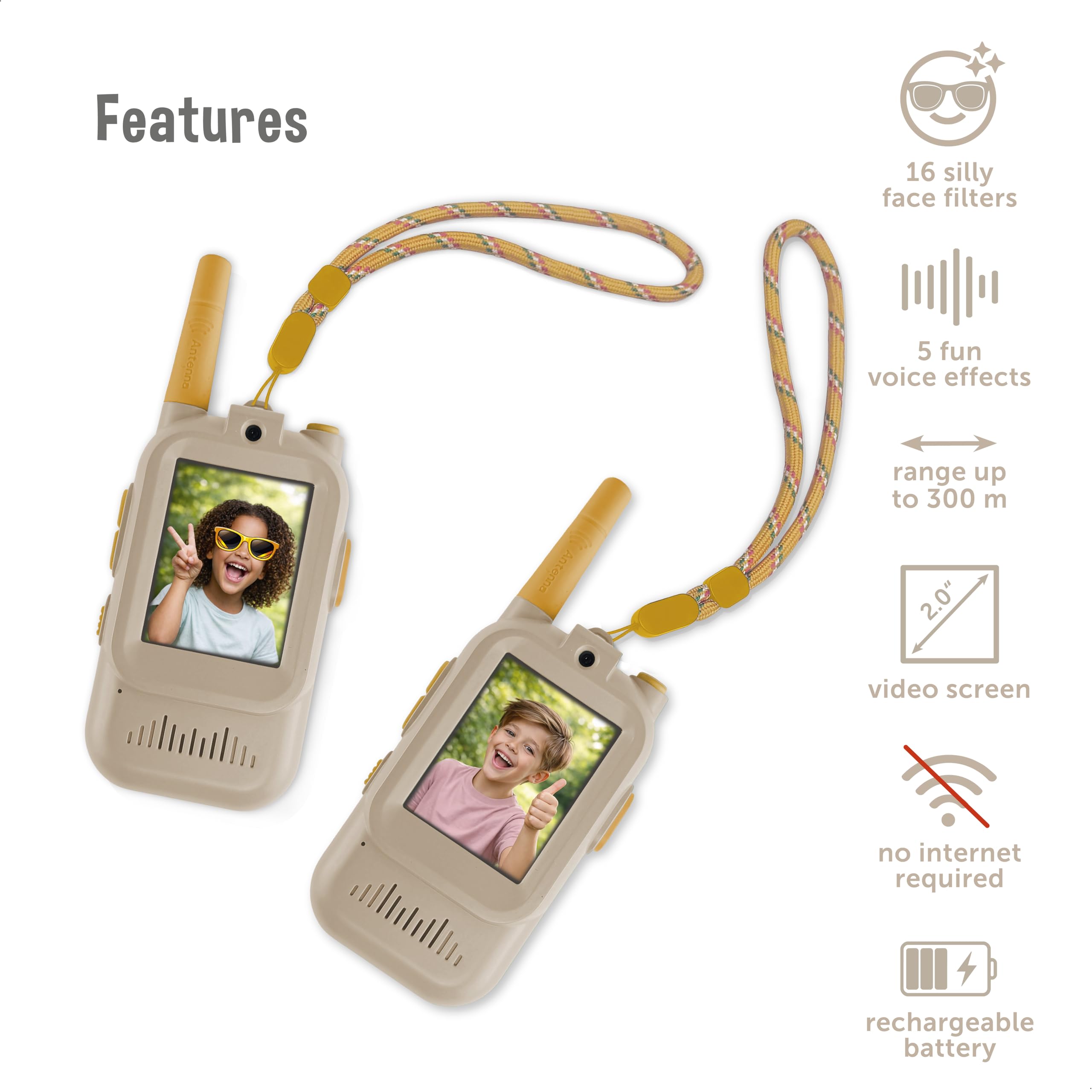 ZAZU Walkie talkie video per bambini con fotocamera, set da 2, portata 300 m, schermo da 2,0", ricaricabile tramite USB, 5 effetti vocali e 16 filtri, radio con video per interni ed esterni (beige)