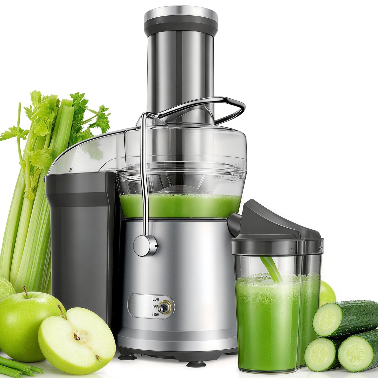 GDOR Centrifugeuse puissante de 1200 W de 2 L avec grande ouverture de 81 mm de large, machine à jus de fruits et légumes entiers, facile à nettoyer, moteur en cuivre, brosse anti-goutte incluse