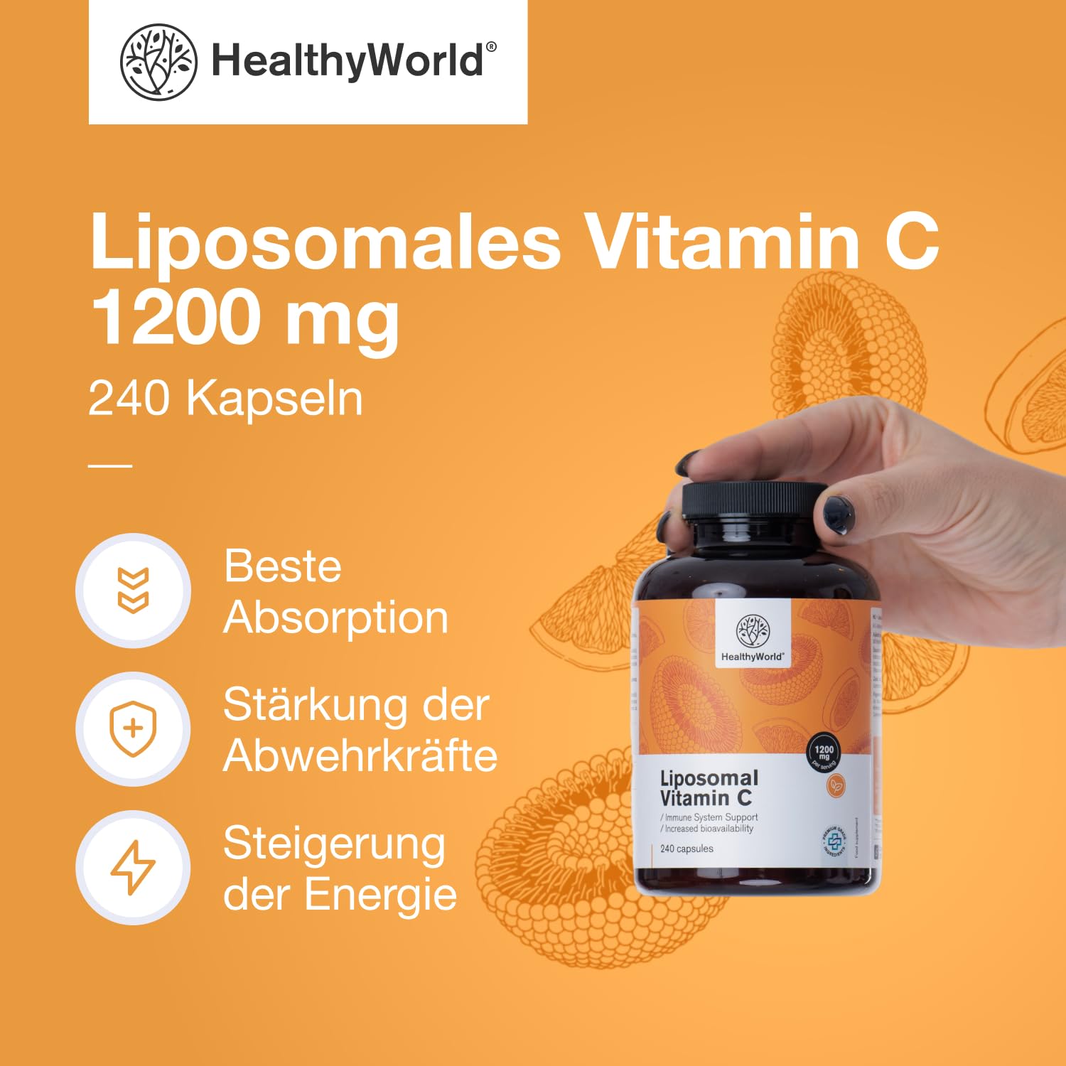 HealthyWorld Liposomales Vitamin C - 240 Pflanzenkapseln - 1200 mg Vitamin C pro Tag - mit Hagebutte und Sonnenblumen - Phospholipid-Komplex - 4-Monats-Vorrat - hohe Bioverfügbarkeit