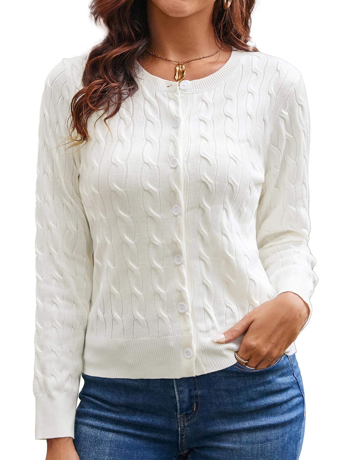GRACE KARIN Womens Long Sleeve Button Up Cable Knit Cardigan Lightweight 2026 Crewneck Button Down Sweaters for Women