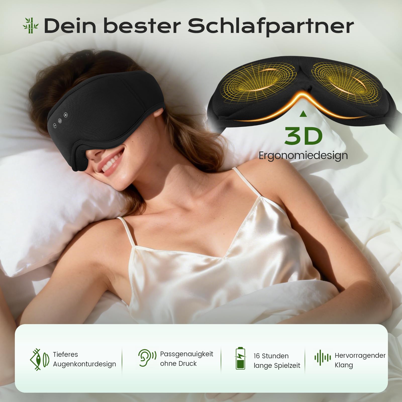 musicozy Máscara de bambú 3D para dormir con auriculares para DE (XY), color negro