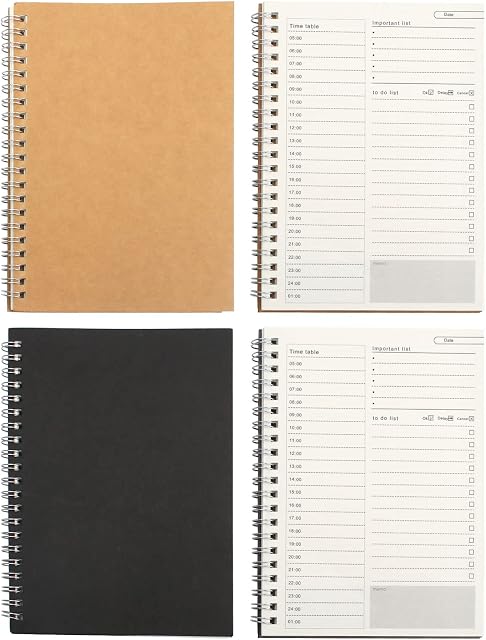 4 Pack Time Management Manual, Daily Planner Notebook to Do List Notepad 100 Pages/50 Sheets Undated Hourly Planner, Spiral to Do List Notebook Achieve Your Goals (Brown, Black)