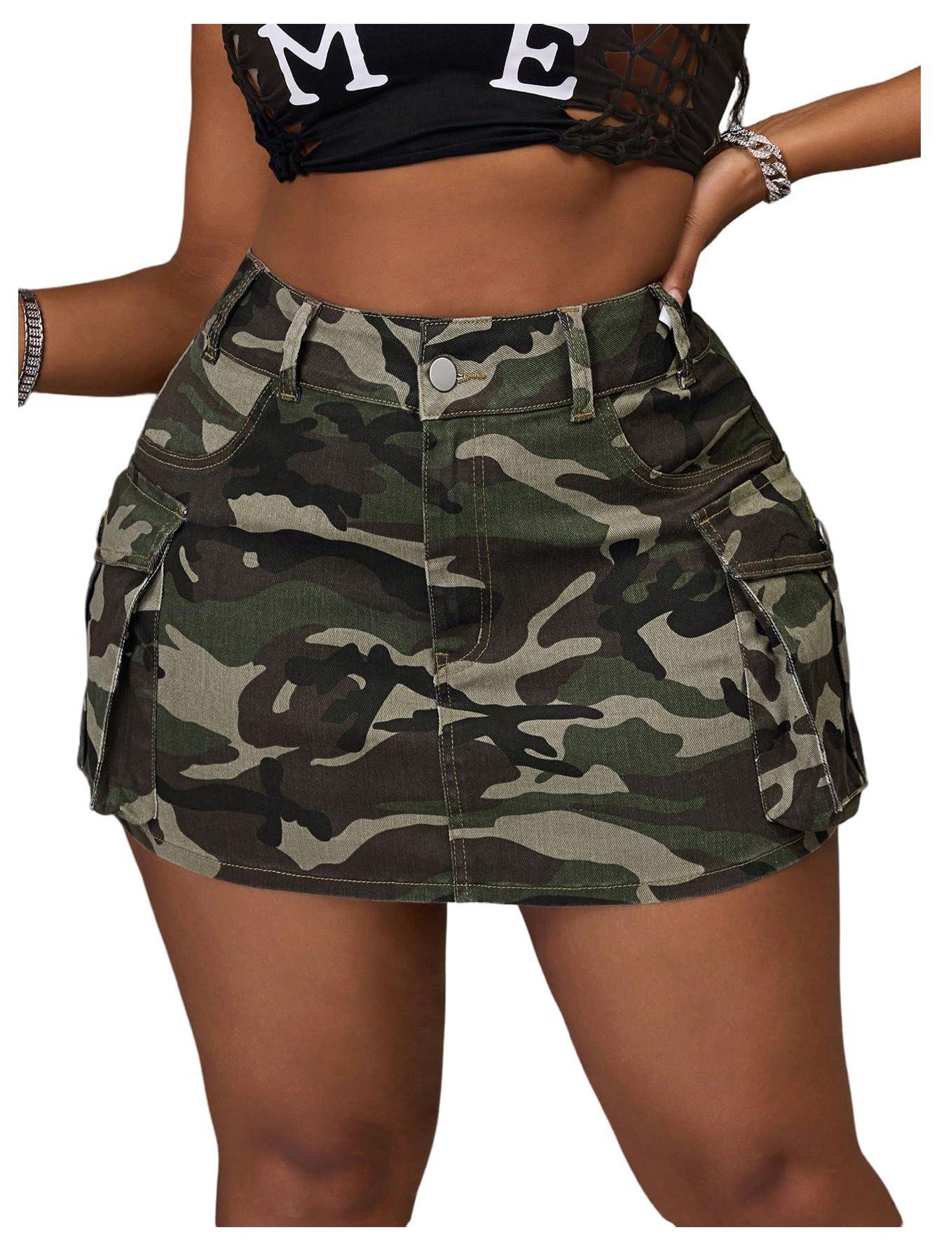 WDIRARA Womens Plus Size Y2K Mini Denim Skirt High Waist Bodycon Cargo Skirts with Flap Pocket
