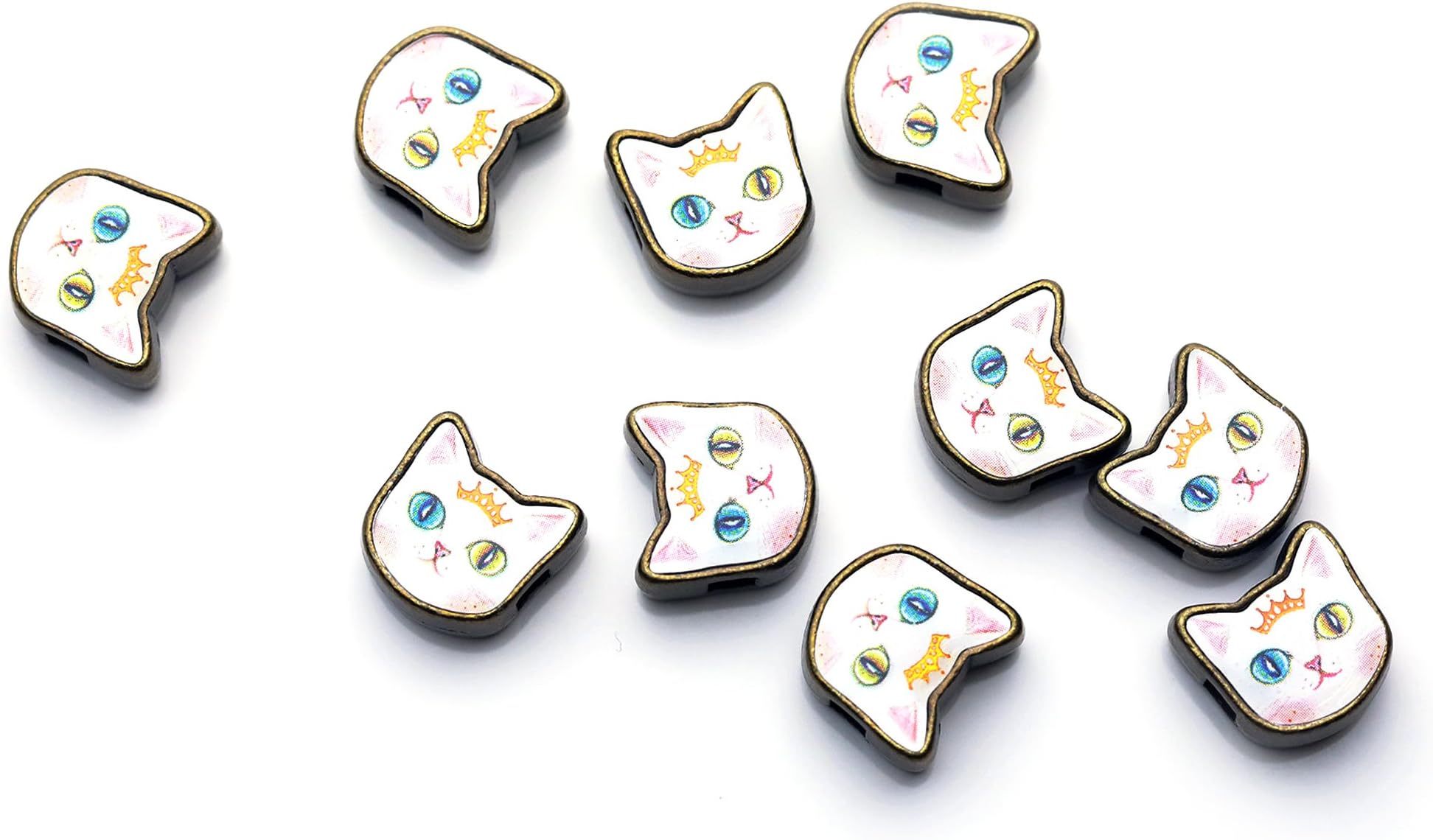 Vintage Style Charms Kawaii Kitty Charm Antique Brass Cat Beads Flower Print Orange Tabby Black Odd Eye Cat - AC (Odd Eye - OE)