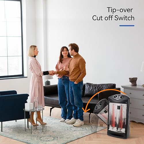 Miniatura 5 de Calentador de torre radiante infrarrojo de cuarzo eléctrico de 1500 W, calentador de espacio portátil con protección contra vuelco y