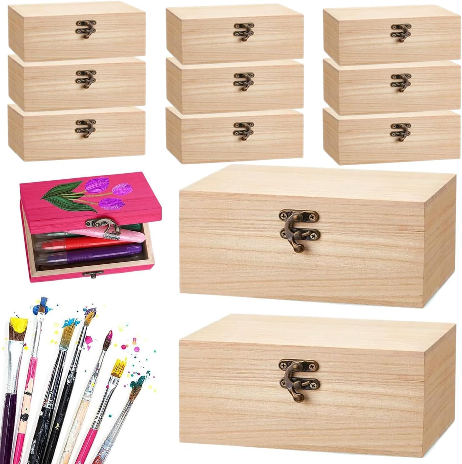 RHBLME 10 PACK Wooden Box with Hinged Lid, Unfinished Unpainted Wooden Boxes for Crafts, Large Wooden Box Unfinished Wood Box for DIY Storage Jewelry Plain Pine Box