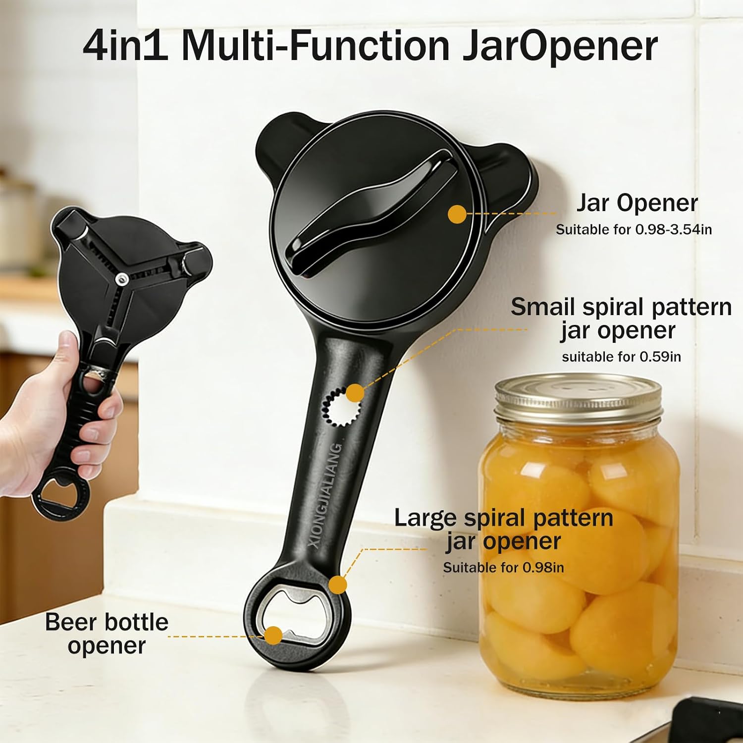 Adjustable Jar Opener for Weak Hands, 4-in-1 Multi-Function Manual Bottle Opener and Corkscrew Set for Seniors with Arthritis, Universal Lid Gripper Kitchen Gadget for All Jar Sizes (Black)