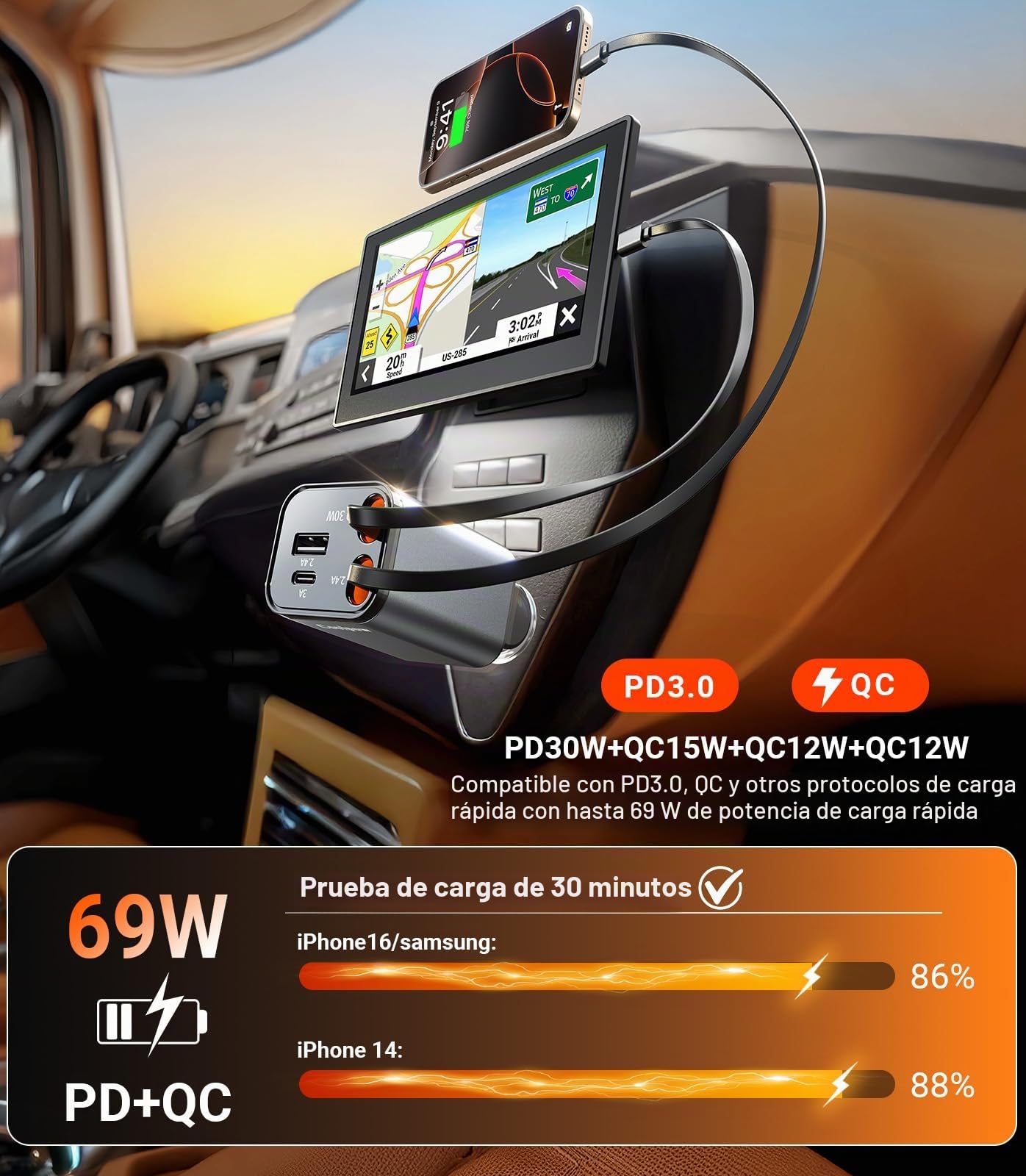 4 EN 1 Cargador Coche USB C, 69W Cargador Mechero Coche【180° Plegable】 Car Charger Adaptador Móvil Coche con 2 Cables Retráctiles para iPhone 16/15/Samsung S25/S24/iPad/GPS