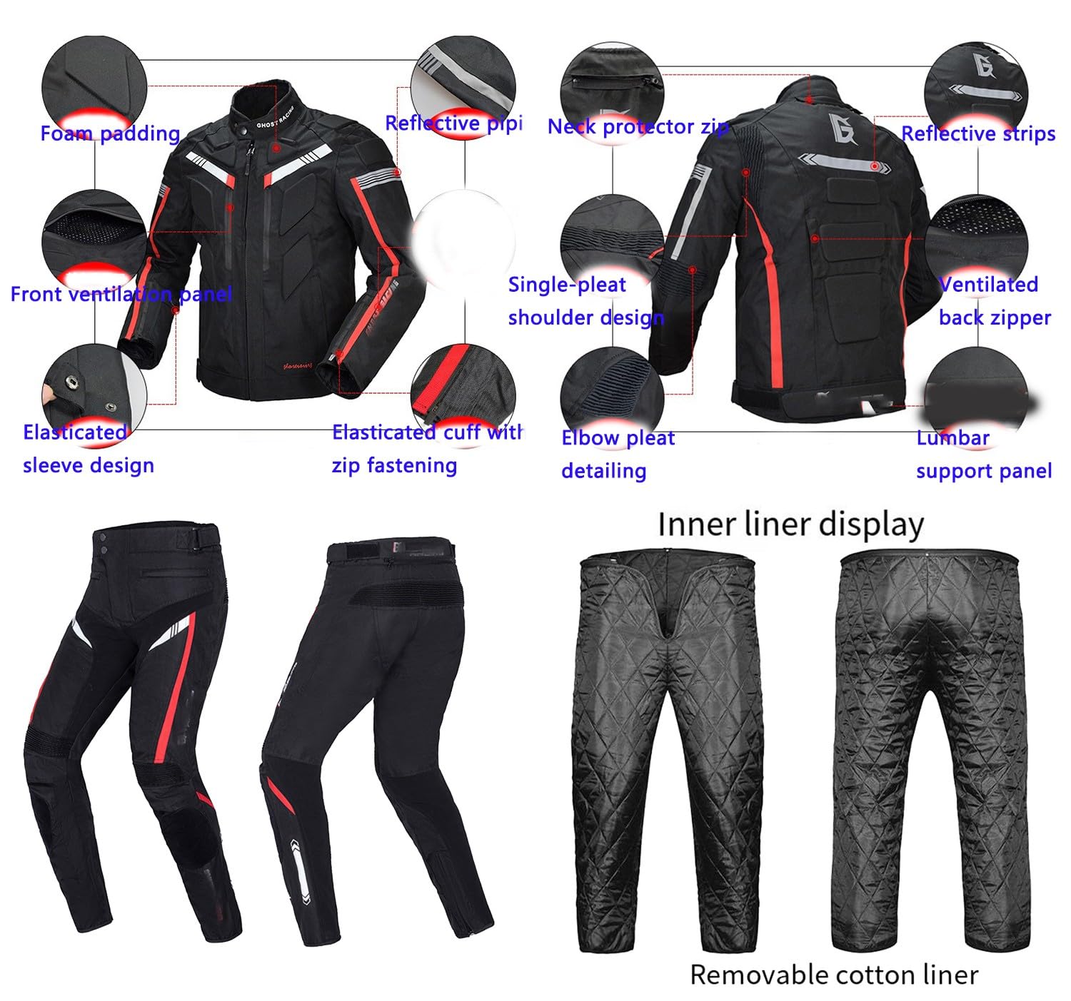 BLUEZY Wasserdichter Motorradanzug Für Herren, Motorradkombi, Motorradjacke Und -Hose Mit CE-Protektoren Motorrad Abnehmbare Rüstung Schutzkleidung Herren, Motorrad Spotlich B,XL