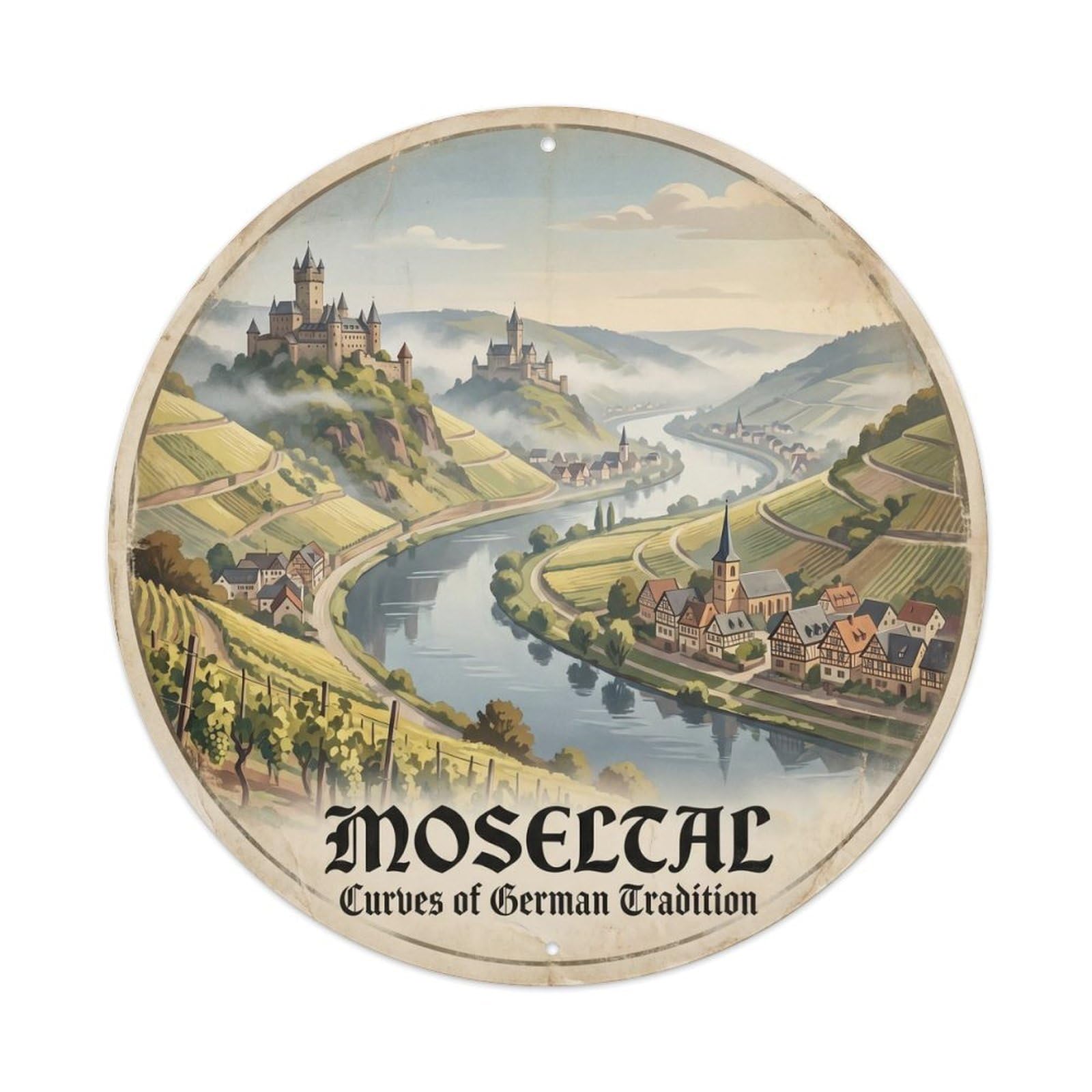 Vintage Travel Mosel Valley Germany Metal Tin Sign Plaque Wall Decor for Cafe, Club Bar, Office, Home Garden Round Metal Poster 8x8Inch
