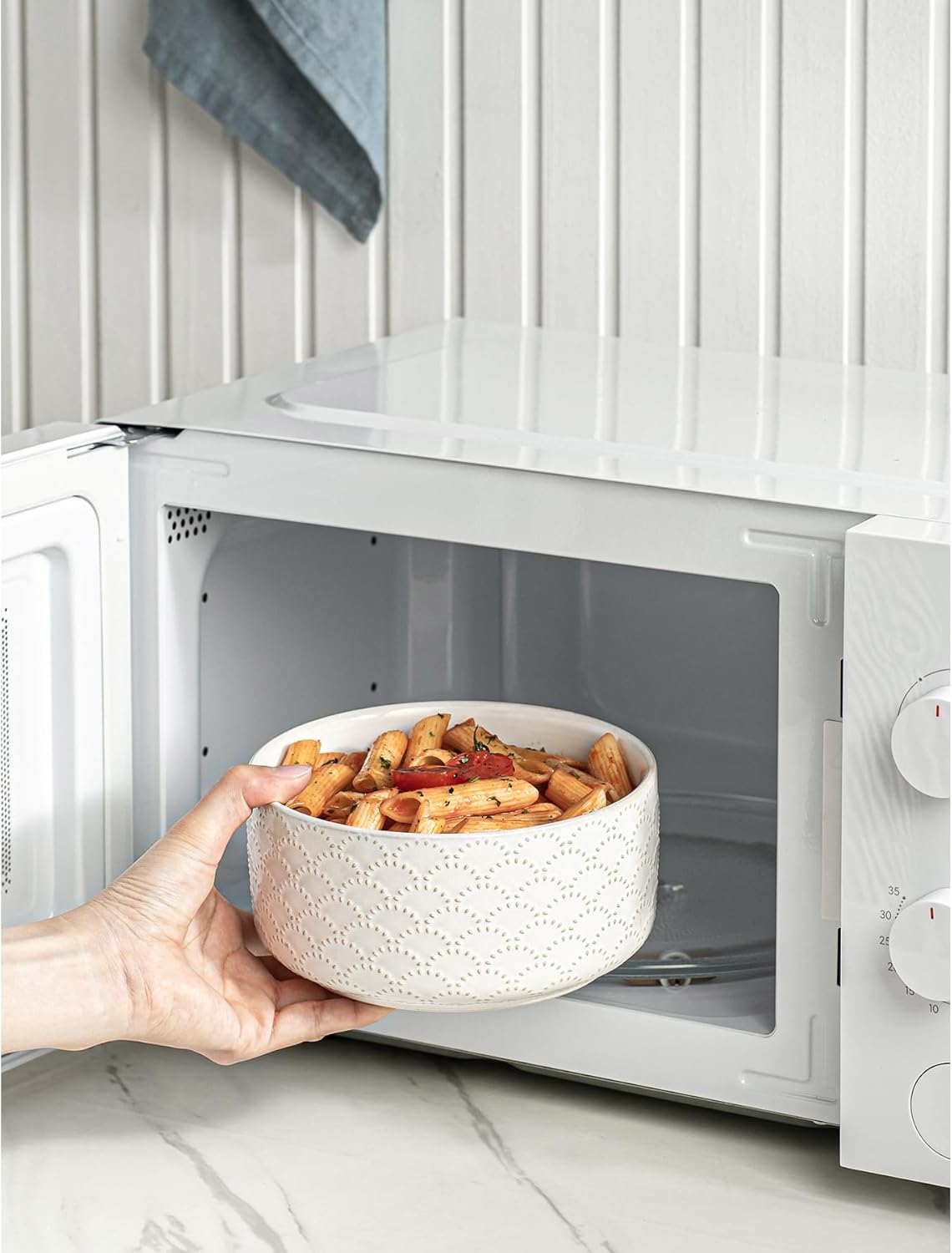 Mixing Bowls with Lids Set of 4, Ceramic Nesting Bowls, Embossed Mixing Bowl Set for Food Storage, Prep Bowl, Gift, Microwave and Dishwasher Safe, 10/18/33/50 OZ, Off-White