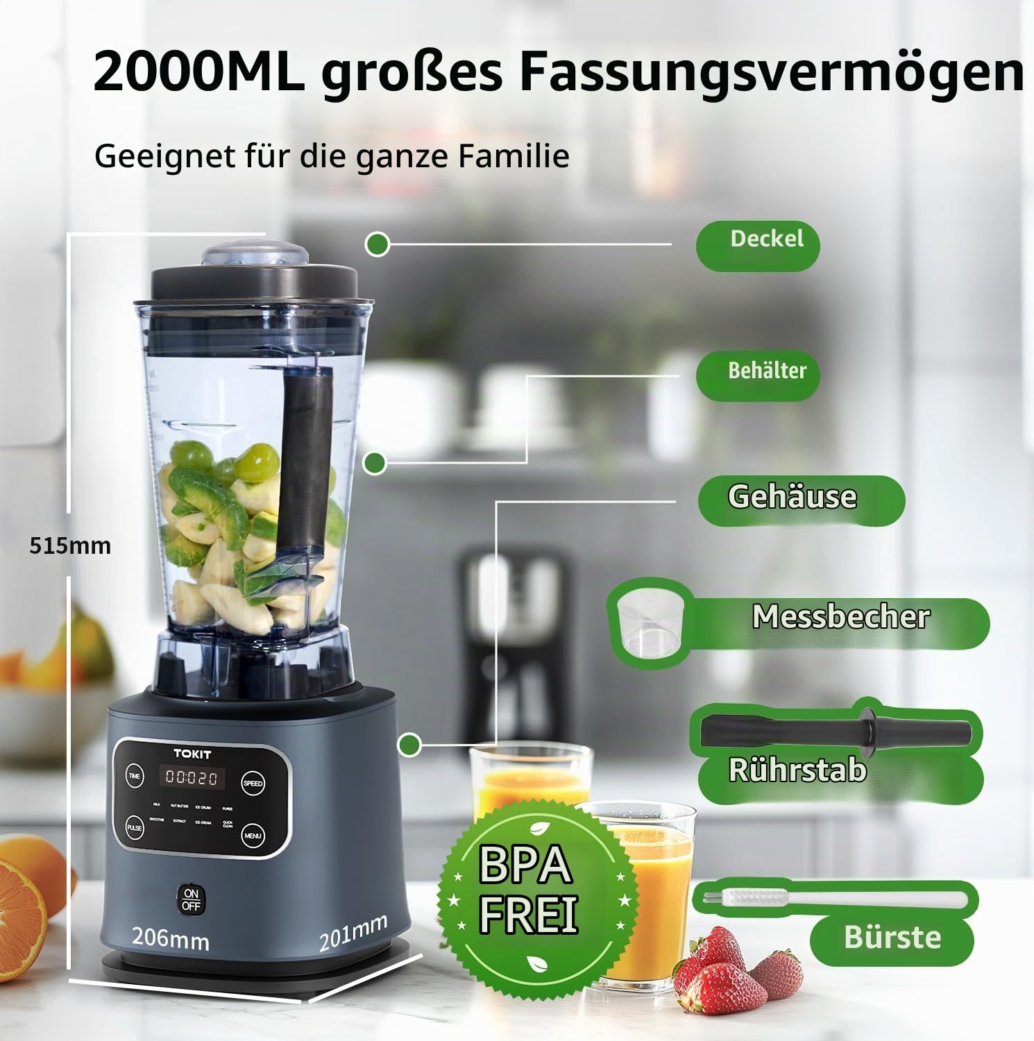 TOKIT 8-EN-1 Standmixer 2000ML, Hochleistungsmixer Pro 1400W Metallmaterial mit Touch LCD und 8 Menüs und 9 Geschwindigkeiten Eisbrecher für Küche Shakes, Smoothies, Eiscrushen