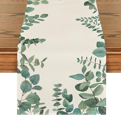 Artoid Mode Camino de mesa de hojas de eucalipto, primavera, verano, plantas verdes, vacaciones, cocina, decoración de mesa de comedor, decoración