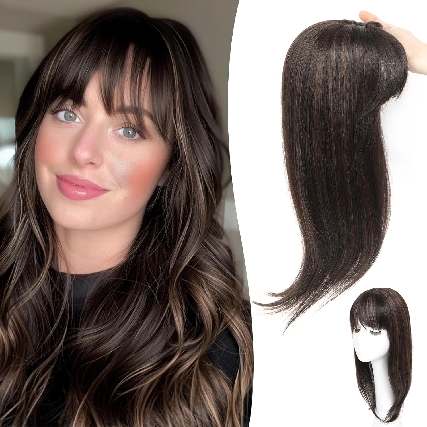 Hair Toppers for Women with Thinning Hair Pieces Fluffy Wispy Clip in Bangs 18 Inch Long Straight Synthetic 360° 3D Realistic Topper with Bangs (Dark Brown with Highlight)