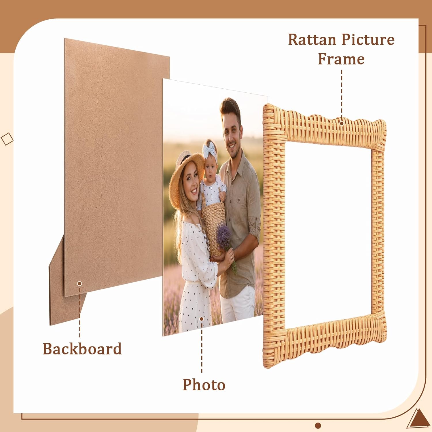 Fiwochic Rattan Photo Frame 8 x 10 Wicker Weave Boho Picture Frame Rattan Wall Decor Tabletop Display Gift - Scalloped Picture Frames for Mom Women Family Friends Rustic Farmhouse Coastal