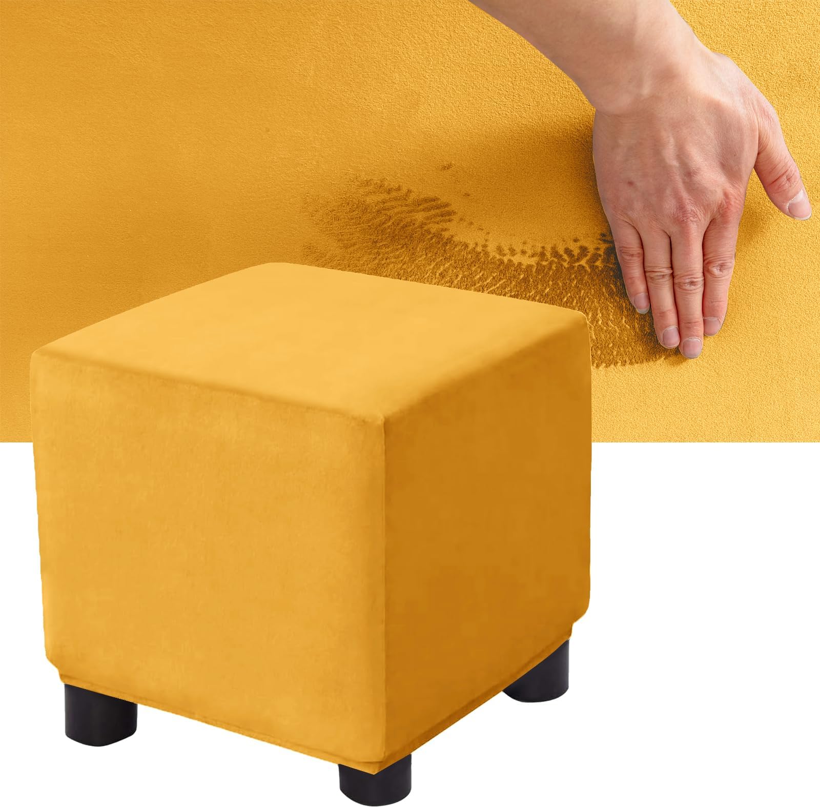 1pc High Stretch Ektorp Ottoman Cover Square/Rectangle, Velvet Storage Stool Cover Footstool Covers with 2 Nonslip Elastic Straps (Gold,1pc Square M)