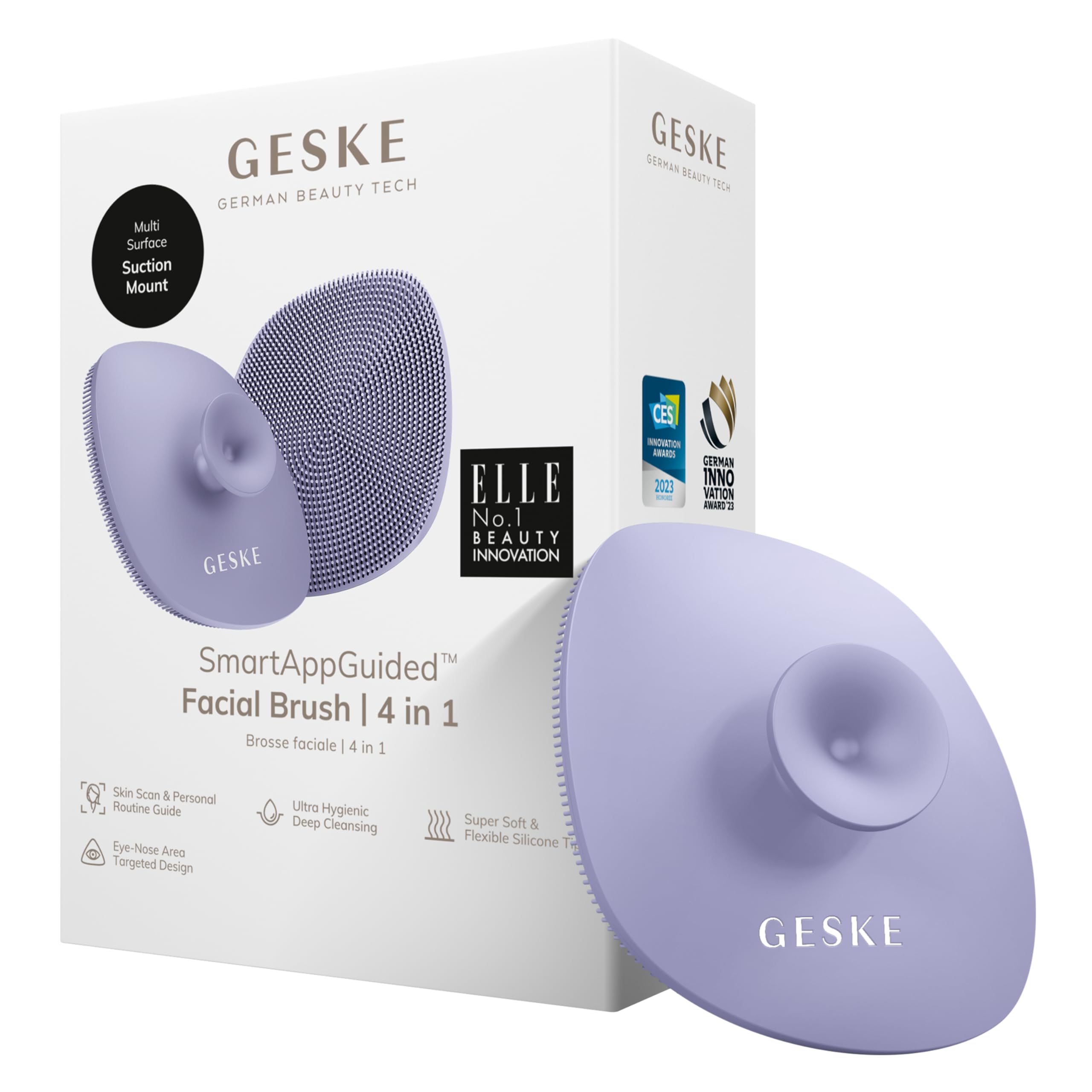 GESKE SmartAppGuided™ Facial Brush 4 in 1 Facial Cleansing Brush with Handle Soft Silicone Brush Professional Facial Cleansing Device Skin Cleansing Device Purple