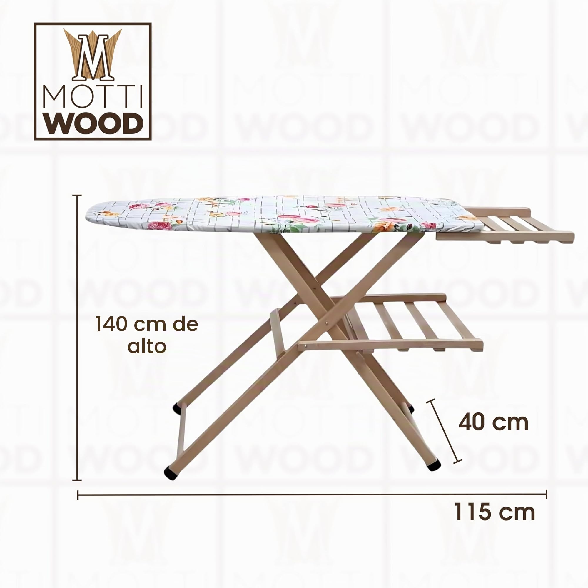 Tabla de planchar, tabla de planchar, ajustable y plegable, 115 x 40 x 140 cm, madera de haya, portacalderas, fabricada en Italia (natural)