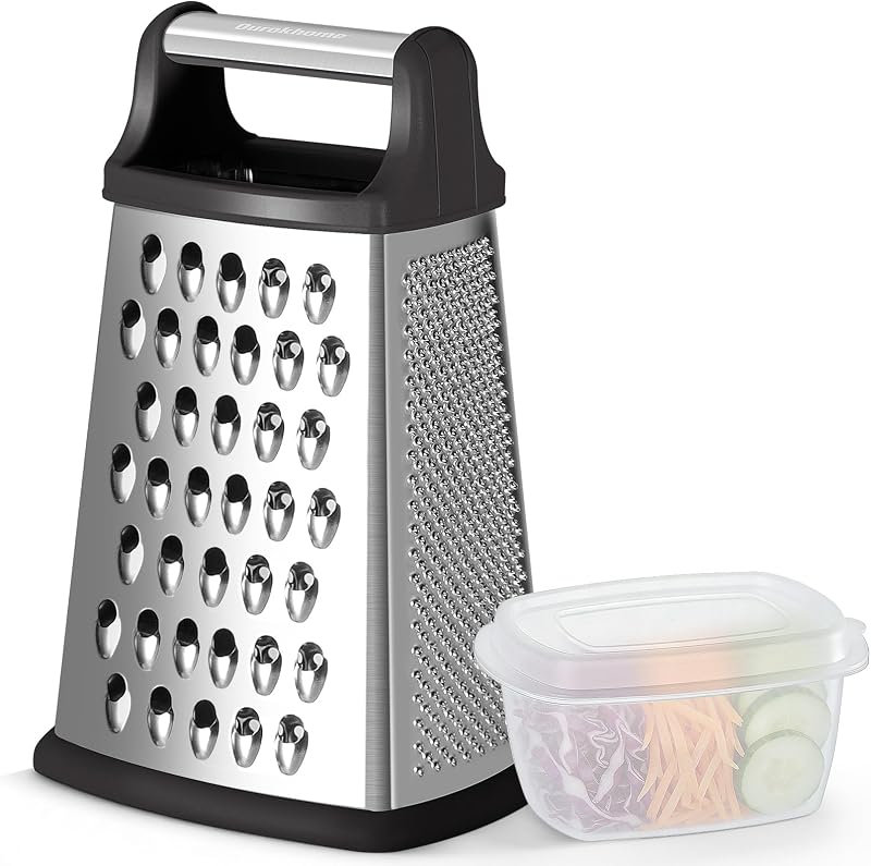 Rallador de queso, rallador de mano con recipiente y tapa, acero inoxidable de 4 lados para cocina, juliana ondulada, rebanadora, trituración gruesa y rallador fino, base antideslizante, apto para lavavajillas, 8 pulgadas