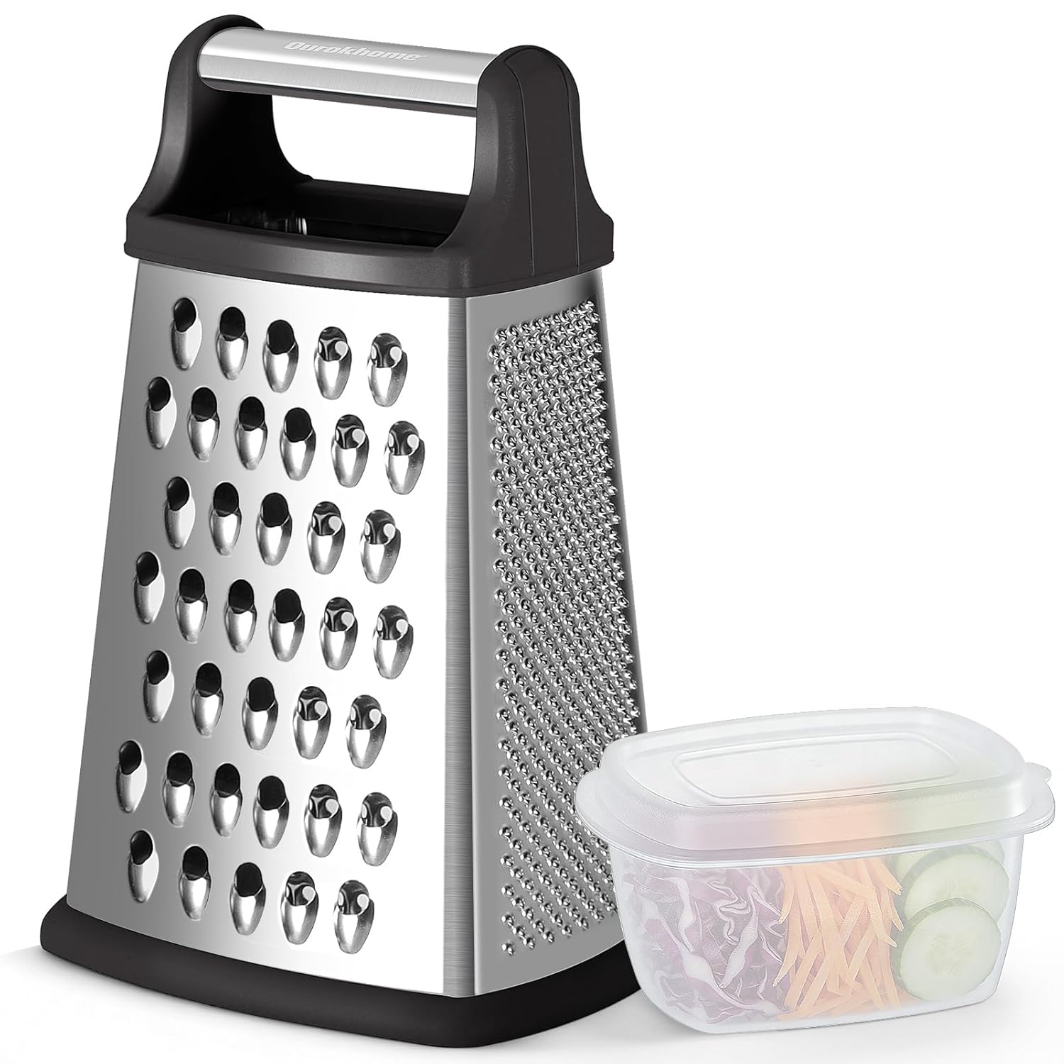 Ourokhome Cheese Grater Handheld Box Grater with Container Lid 4-Sided Stainless Steel for Kitchen Wavy Julienne Slicer Coarse