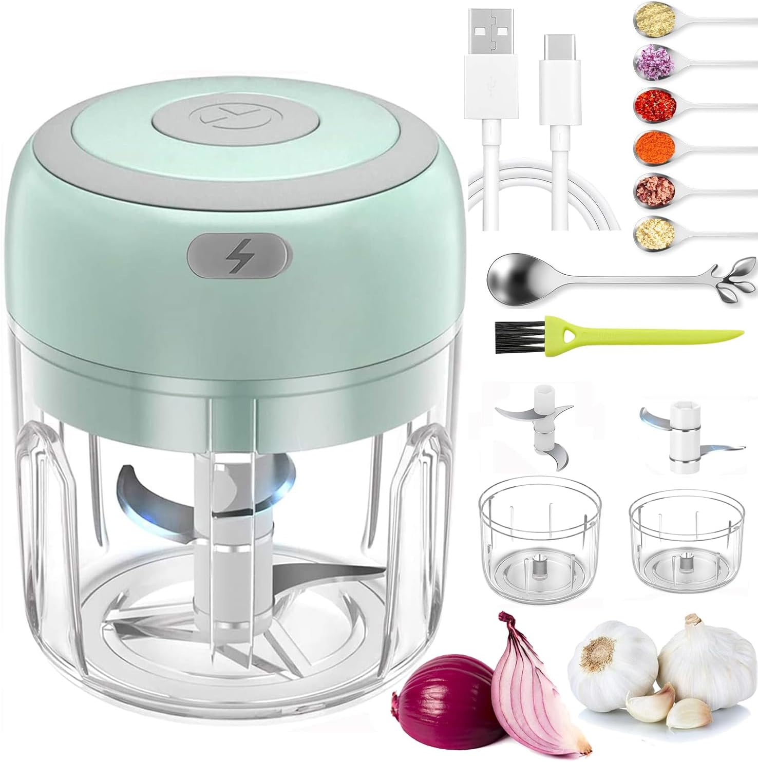 Electric Mini Garlic Chopper & Food Processor with Spoon & Brush – 2 Cup Portable Cordless Vegetable Blender, Onion Mincer with USB Charging for Baby Food, Chili, Herbs, Spices(Green 100+250ml) Electric Mini Garlic Chopper & Food Processor with Spoon & Brush – 2 Cup Portable Cordless Vegetable Blender, Onion Mincer with USB Charging for Baby Food, Chili, Herbs, Spices(Green 100+250ml)