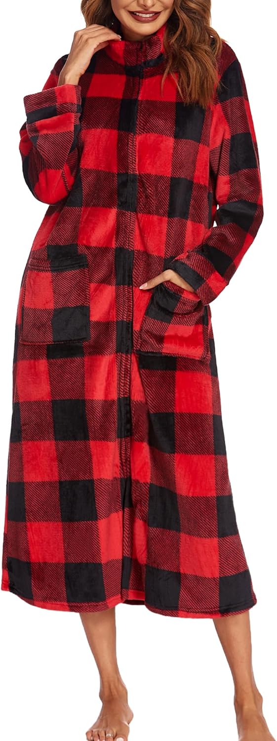 Ekouaer Women Zipper Robe Long Sleeves Bathrobe Winter Sleepwear Warm Soft Housecoat with Pockets Zip Up House Robes