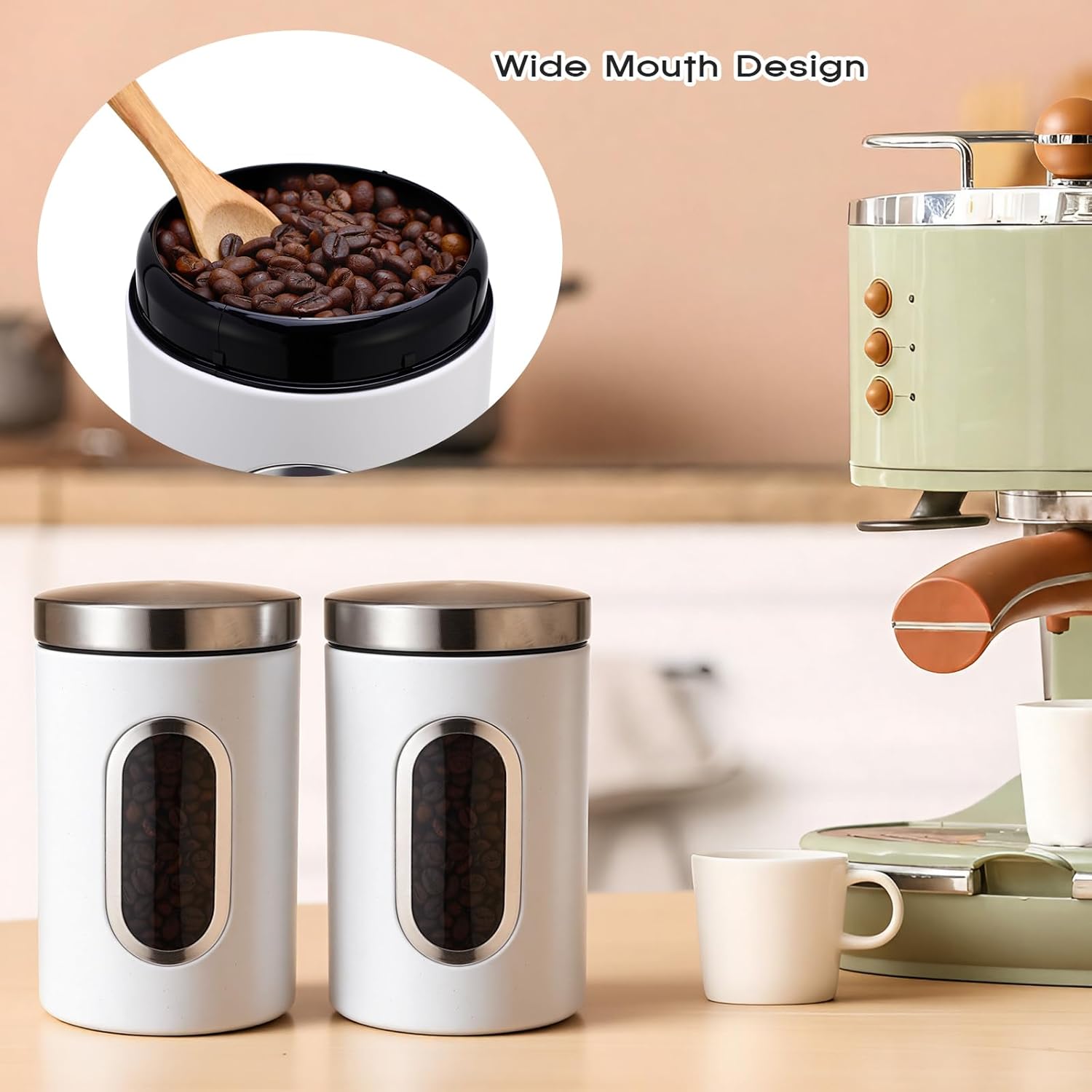 Zopeal 6 Pack White Canisters Sets for Kitchen 50oz Stainless Steel Kitchen Canisters with Transparent Windows Flour Sugar Container Metal Jar Countertop Set for Coffee Tea Decorative